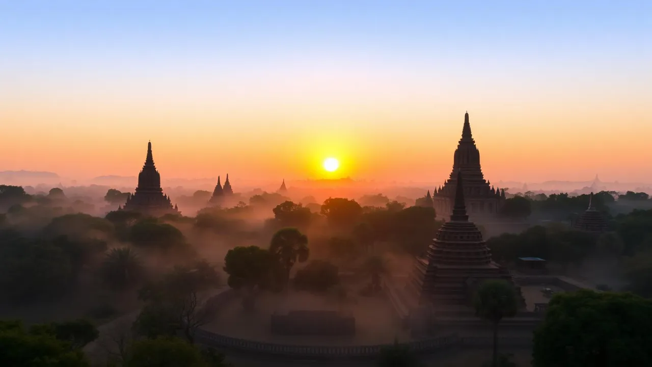 Ancient temples of Bagan at sunrise emerging from morning mist