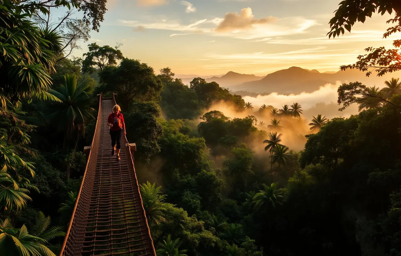 Adventurer crossing a rope canopy bridge over the misty rainforest of Southeast Asia at sunrise.