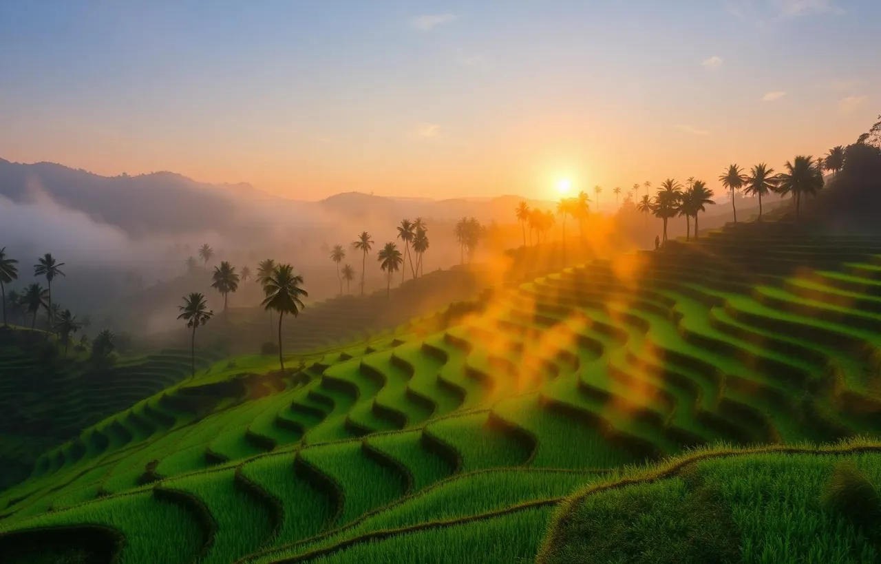 Sunrise over Tegallalang rice terraces in Ubud Bali with mist and palm trees