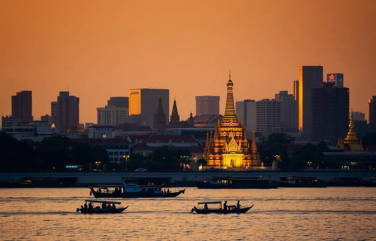Bangkok skyline with Wat Arun temple at sunset over the Chao Phraya river