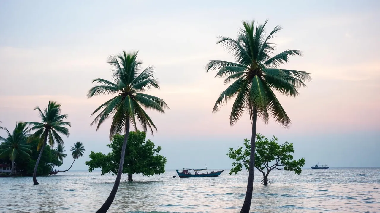 Calm Southeast Asian coastline at dawn with palm trees and a fishing boat