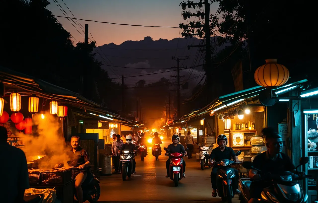 A bustling Southeast Asian night market street at golden hour, lit by warm lanterns