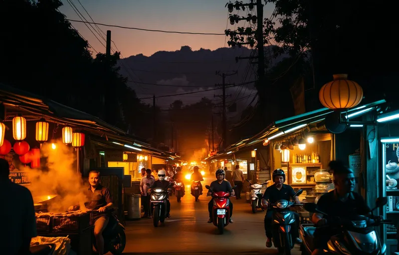 A bustling Southeast Asian night market street at golden hour, lit by warm lanterns