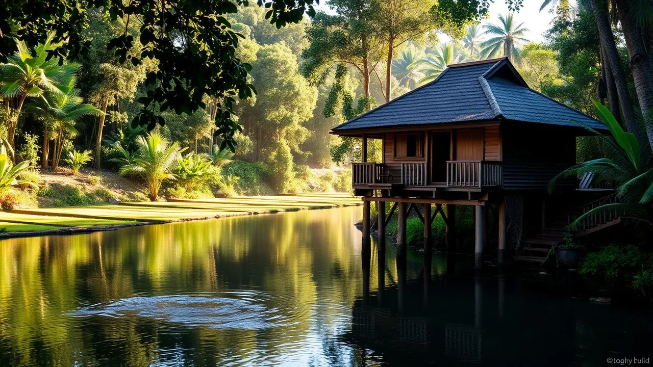 Wooden eco-lodge on stilts over a quiet jungle river