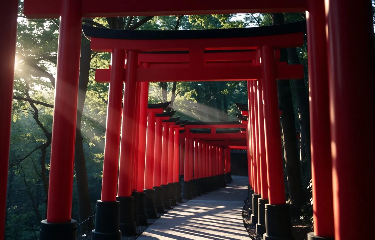 Red torii gates of Fushimi Inari shrine in Kyoto, Japan, with morning light