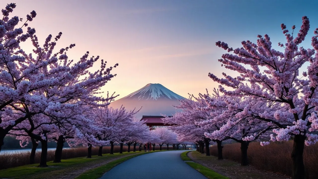 Cherry blossoms framing Mount Fuji at sunrise