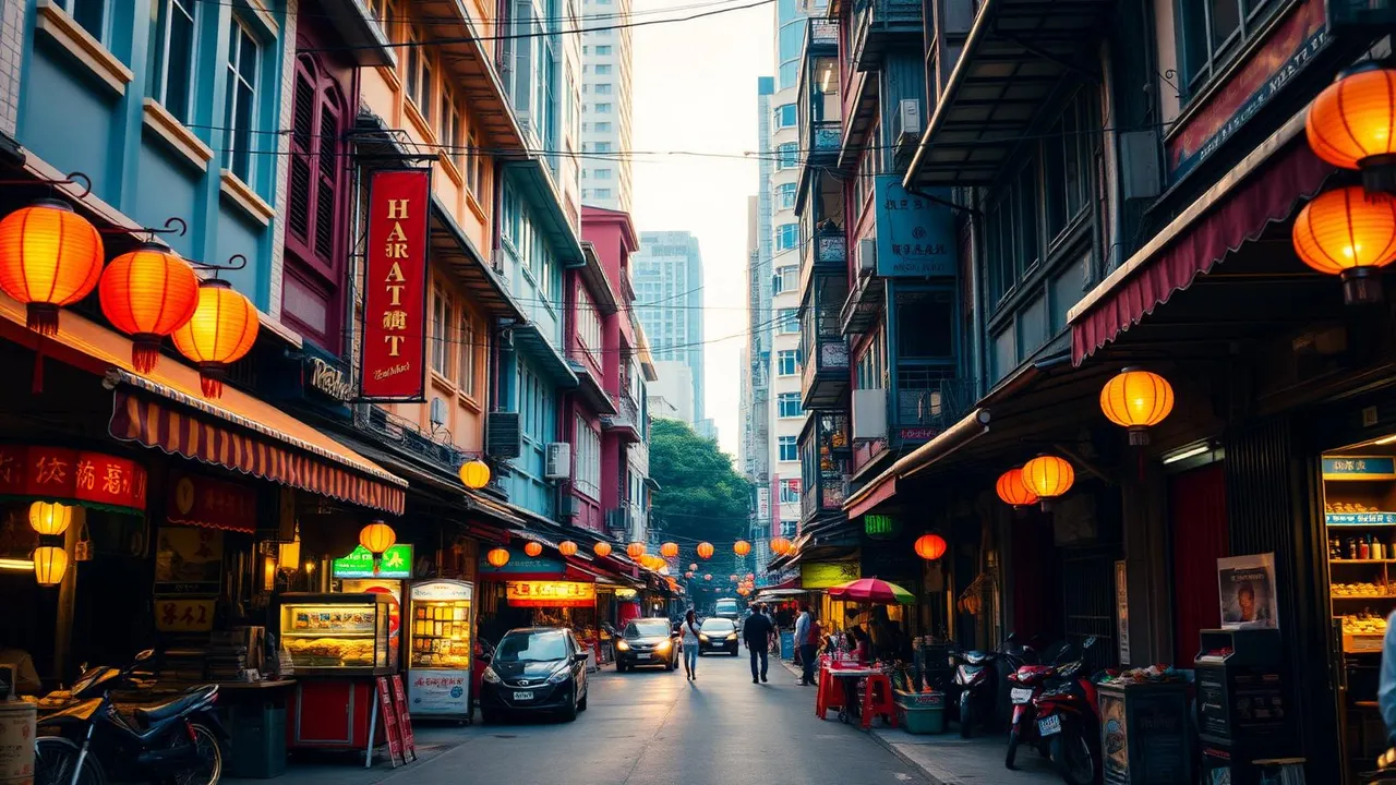 Kuala Lumpur street scene with lanterns and shophouses
