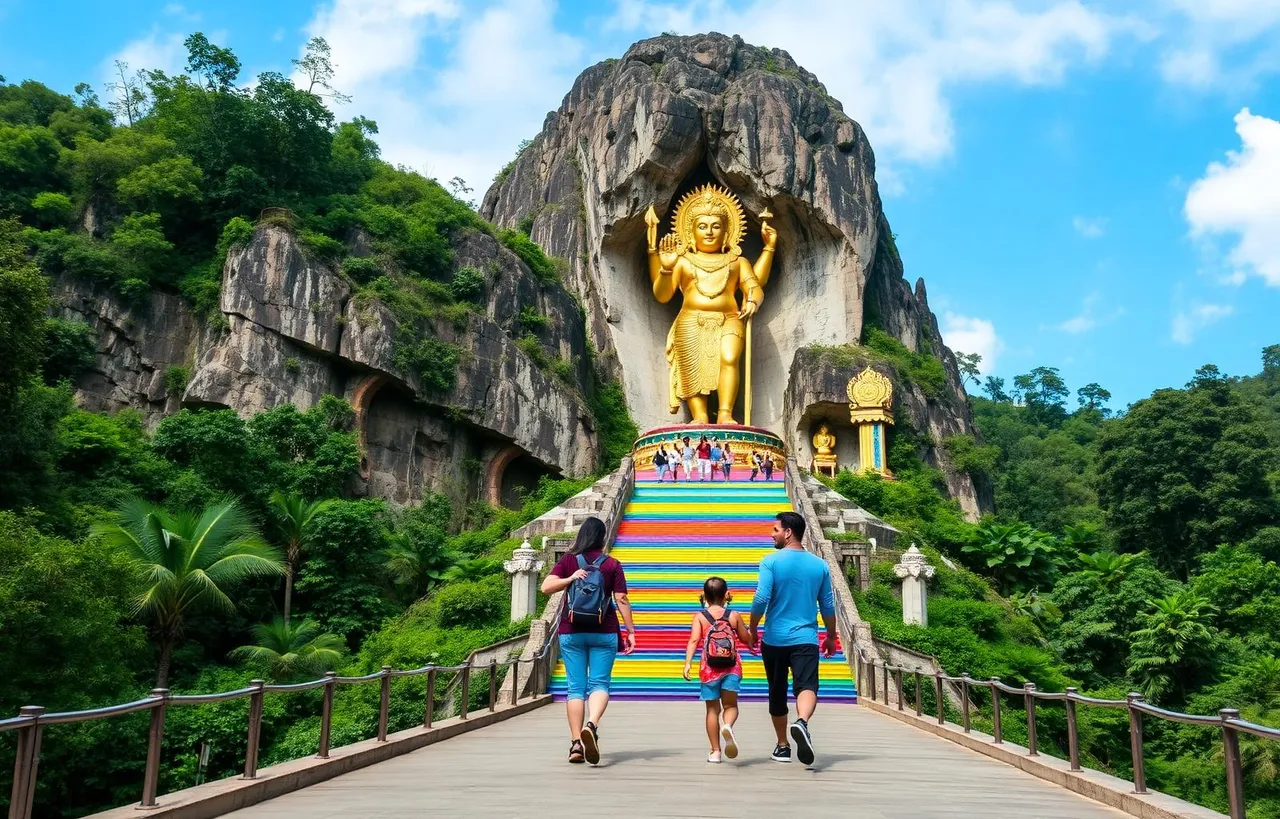 Family walking up the rainbow stairs to Batu Caves Murugan statue near Kuala Lumpur