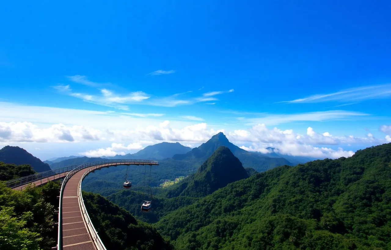 Langkawi Sky Bridge curved pedestrian bridge with cable cars above mountain peaks