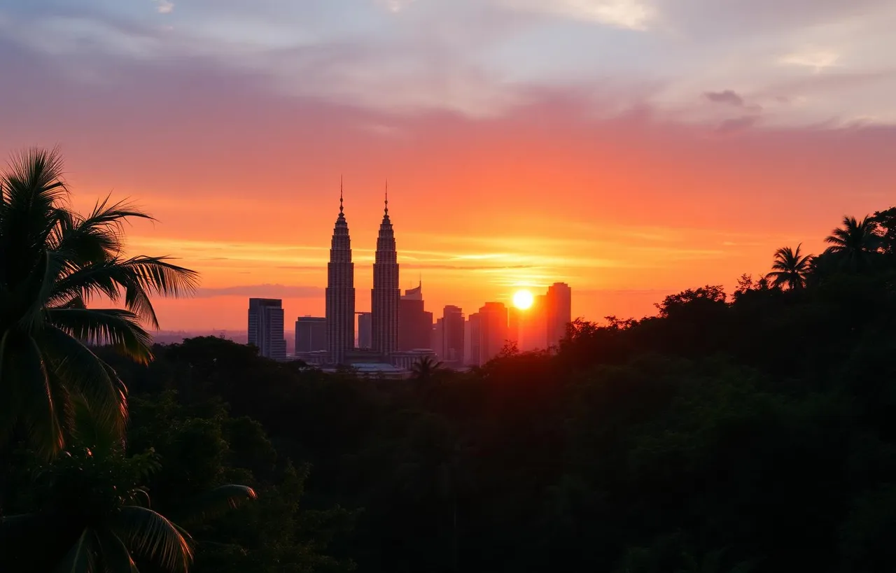 Petronas Twin Towers lit at dusk over the KL skyline with reflecting pool below