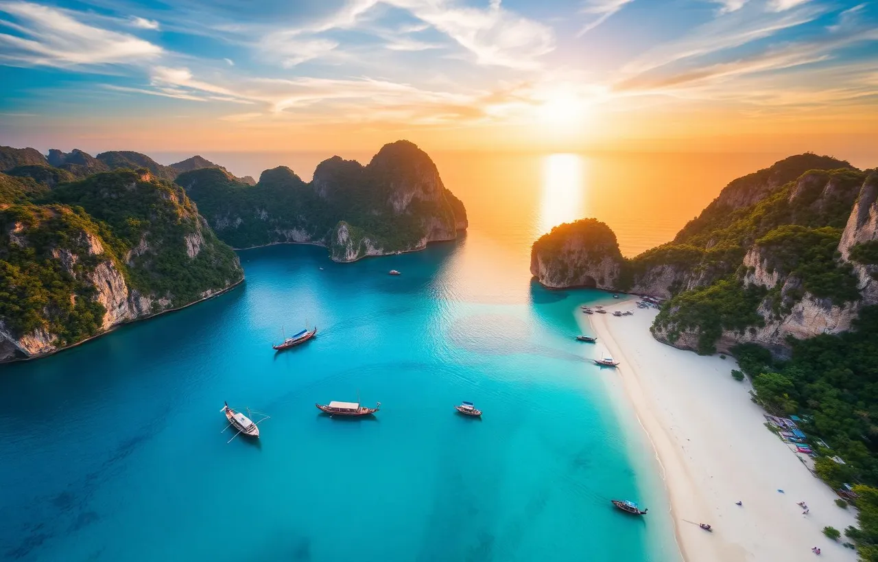 Aerial view of Phi Phi Islands near Phuket with turquoise water and limestone cliffs