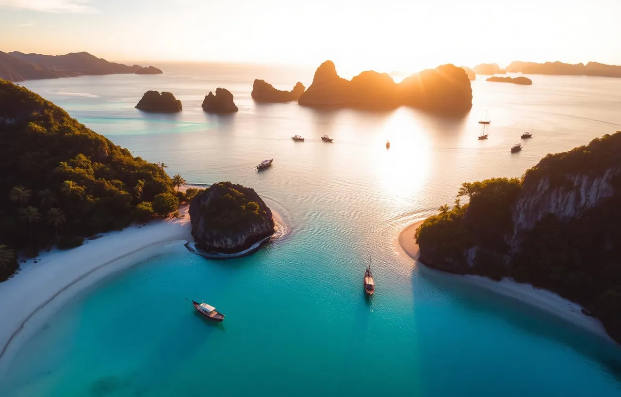 Aerial view of a Phuket beach with turquoise water, longtail boats and limestone islands in the distance