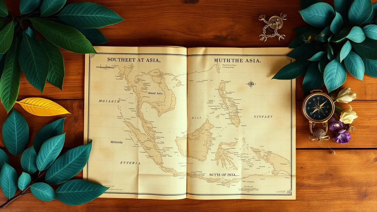 Vintage map of Southeast Asia surrounded by tropical leaves and a brass compass