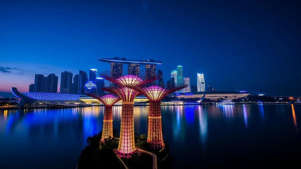 Marina Bay Sands and Gardens by the Bay Supertrees lit up at night