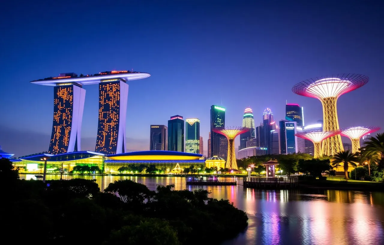 Singapore Marina Bay Sands and Gardens by the Bay Supertree Grove illuminated at twilight