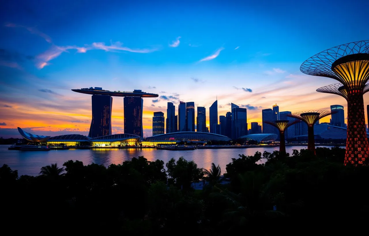 Marina Bay Singapore skyline at sunset with Supertree Grove and Marina Bay Sands