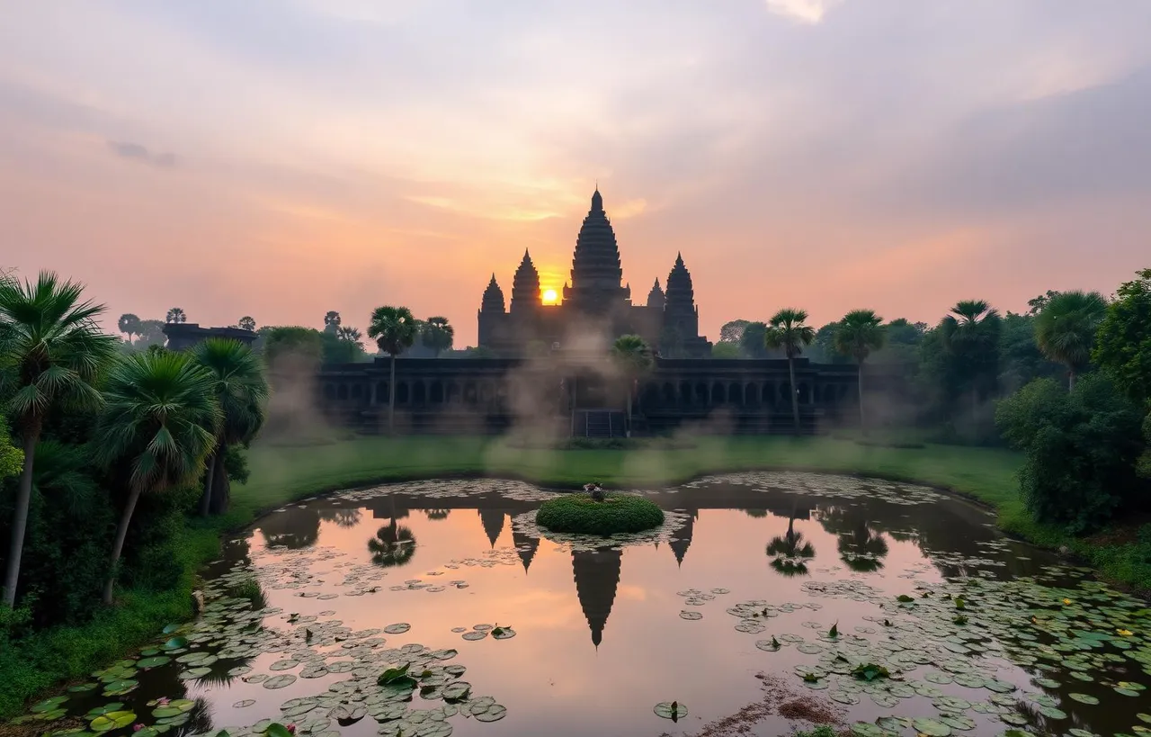 Angkor Wat temple at sunrise reflected in a lotus pond with palm trees