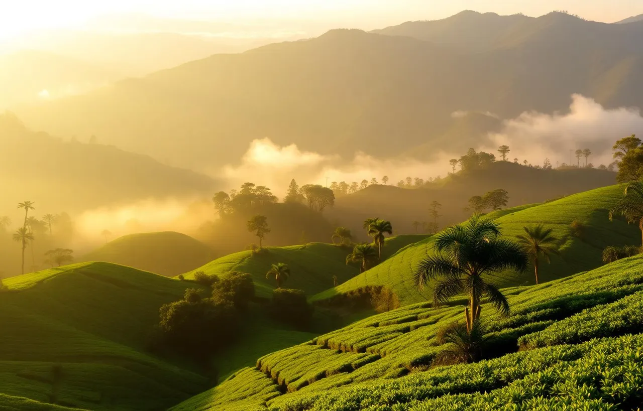 Misty tea plantations and emerald mountains in the central highlands of Sri Lanka at sunrise.