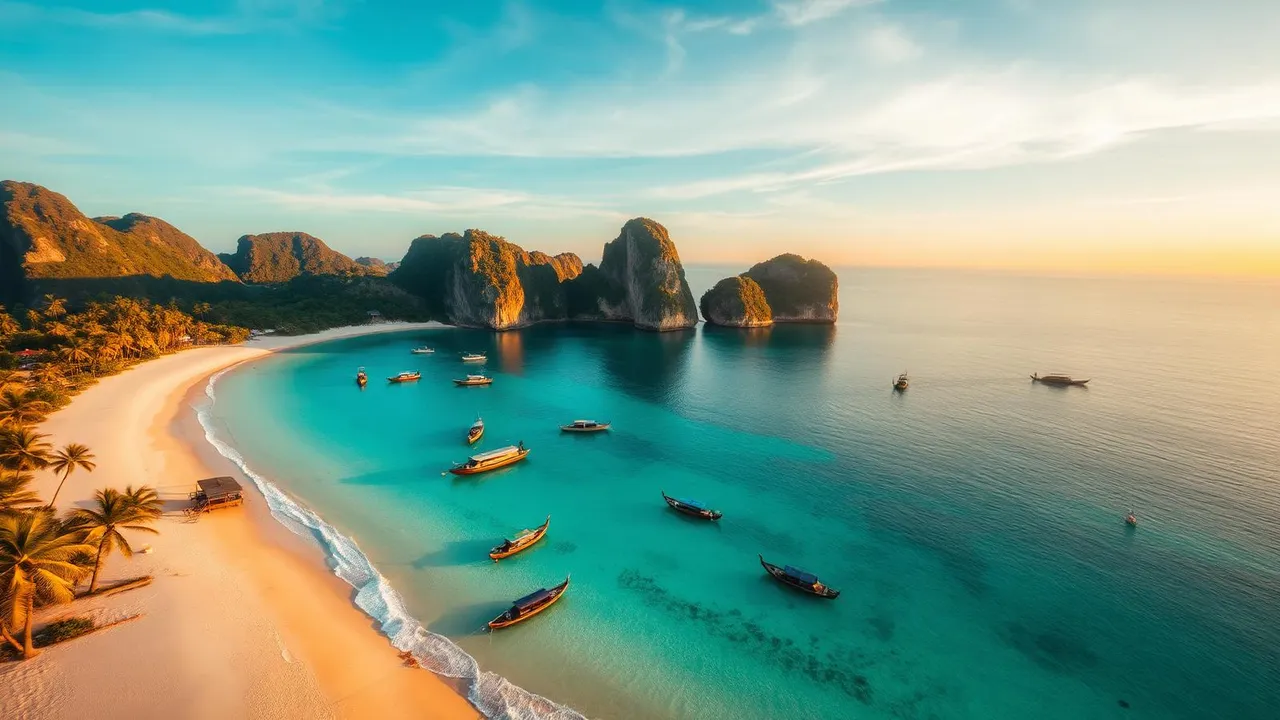 Tropical Thai beach with limestone karst and longtail boat