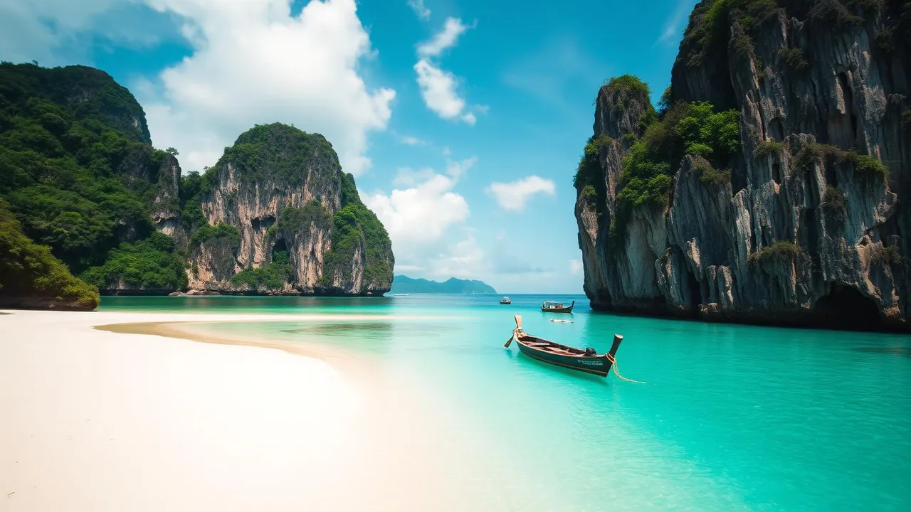 Tropical Thai beach with limestone karst and longtail boat
