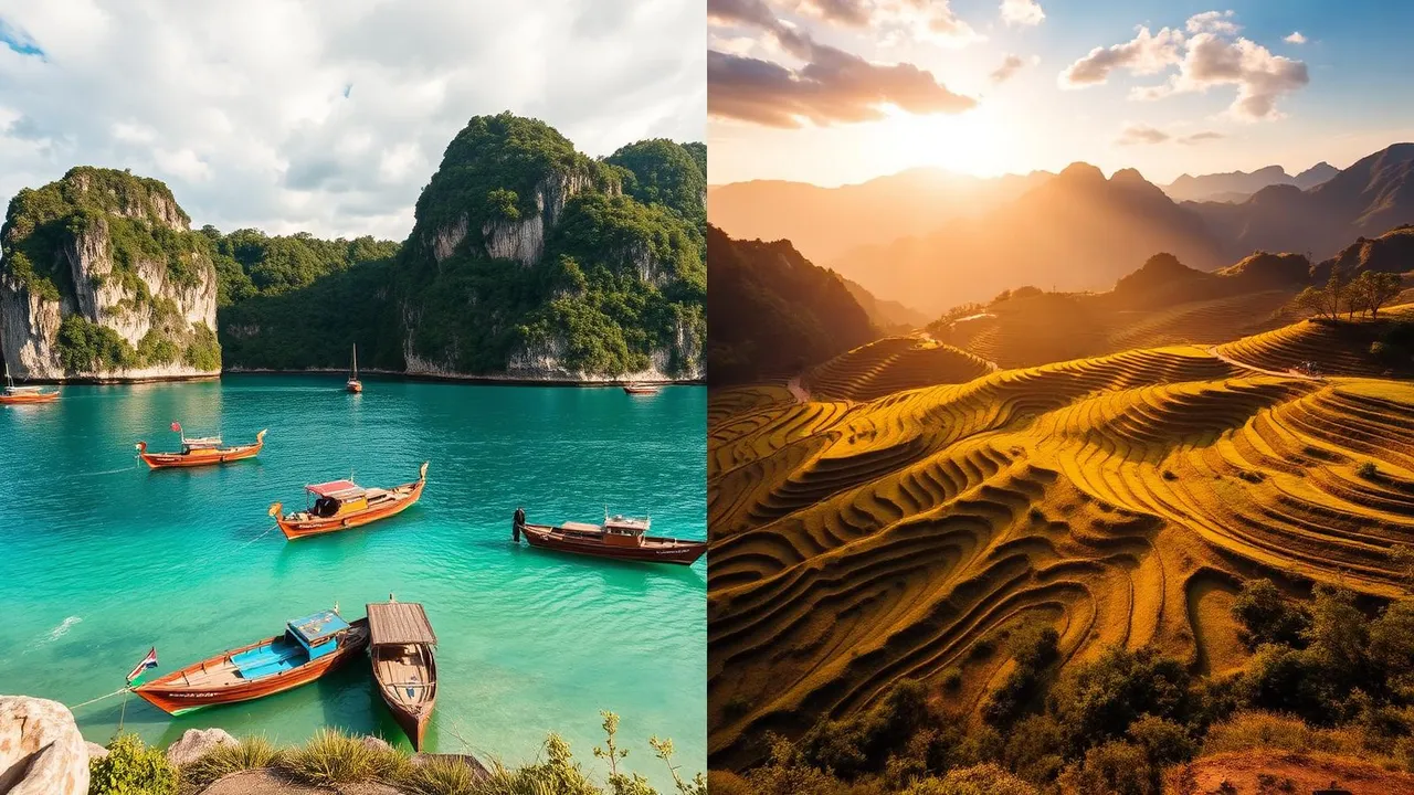 Split scene comparing Thai longtail boats on turquoise water and terraced rice fields in northern Vietnam