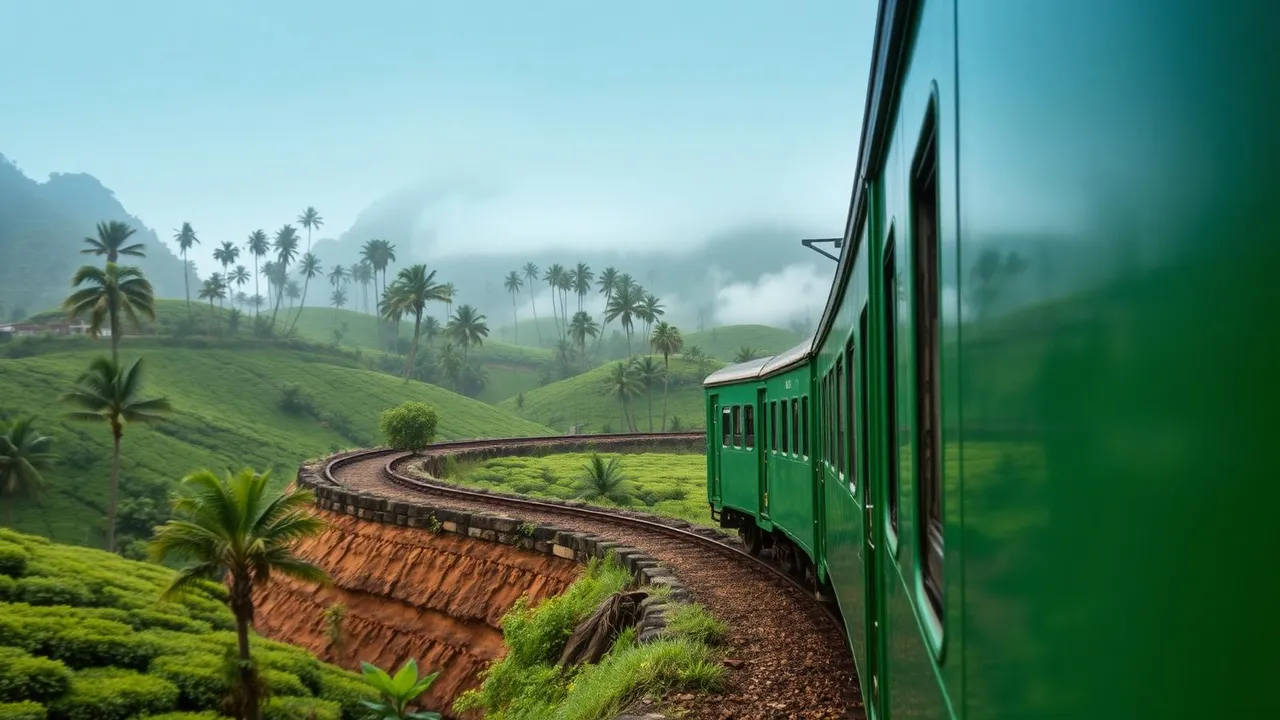 Green train winding through Sri Lankan tea country hills