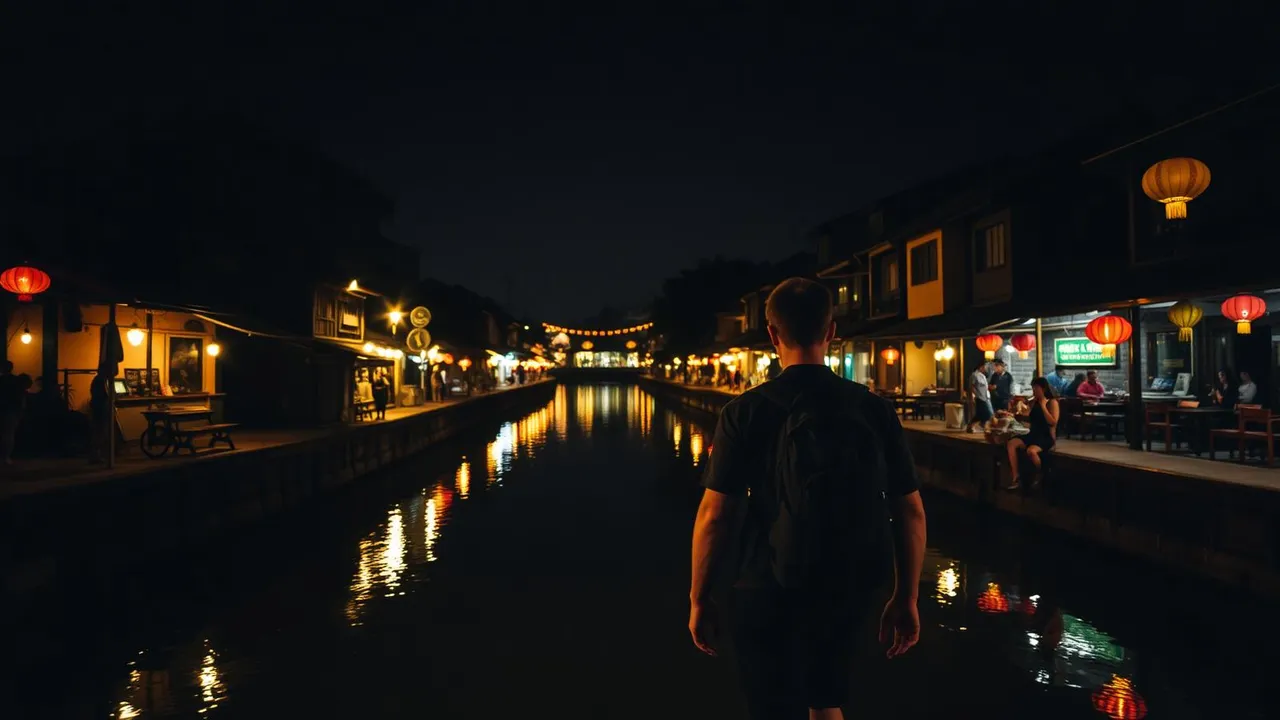 Backpacker walking by the lantern-lit canal in Hoi An ancient town at night