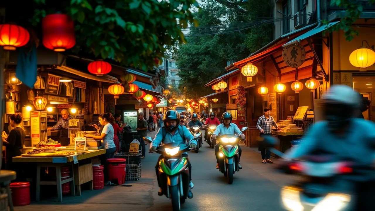 Hanoi old quarter street food stall with lanterns at dusk