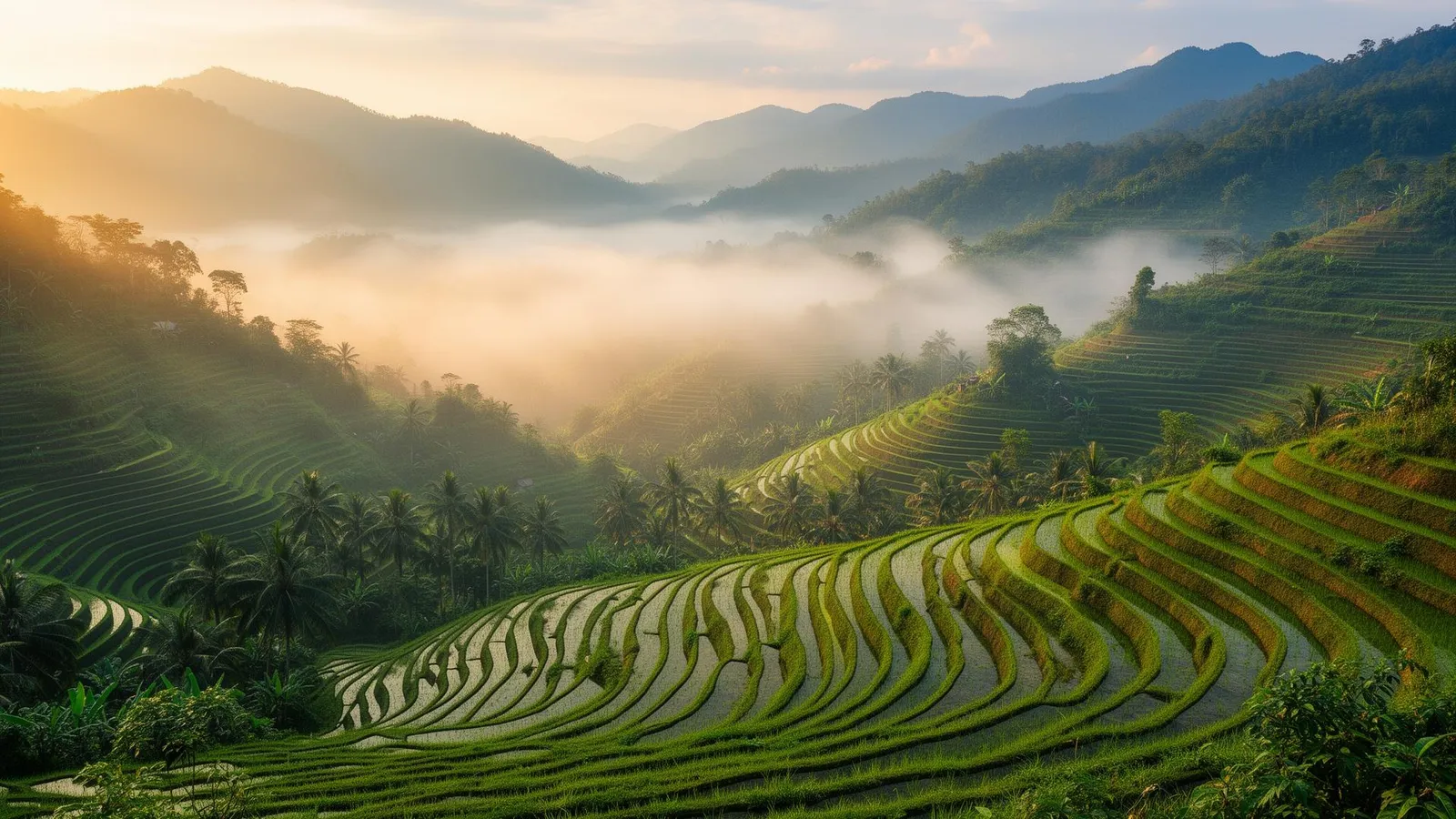 Misty rice terraces of Northern Vietnam at golden hour