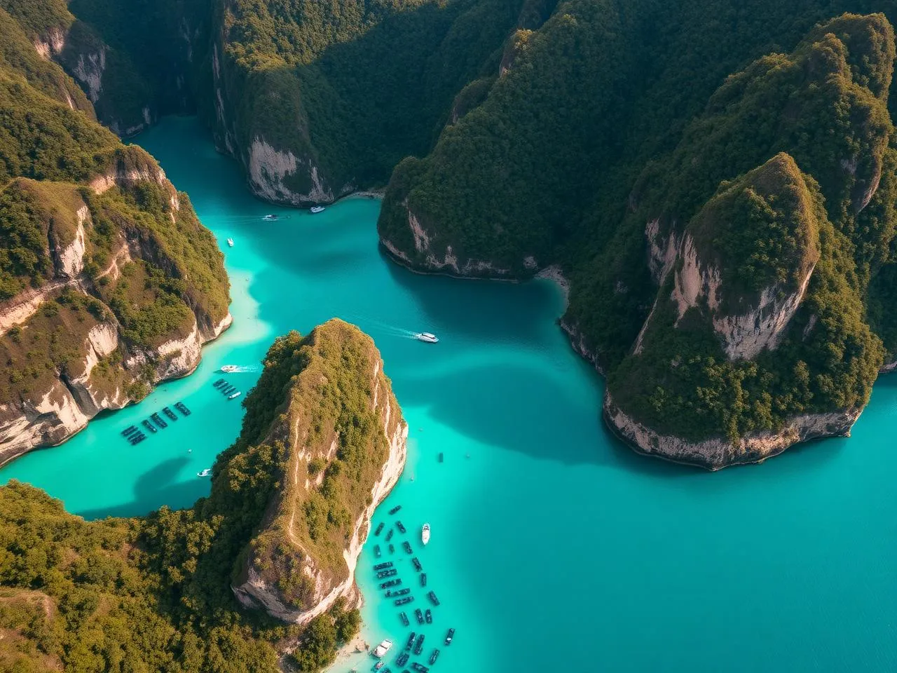 Aerial view of turquoise lagoon and karst islands at El Nido Palawan Philippines